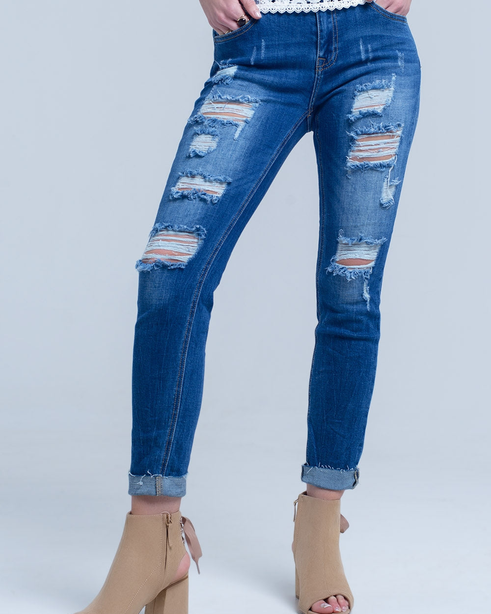 Jean with Shredded Rips and Raw-Cut Cuffs