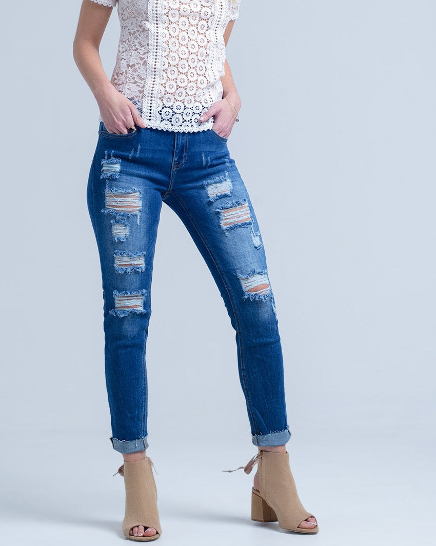 Jean with Shredded Rips and Raw-Cut Cuffs