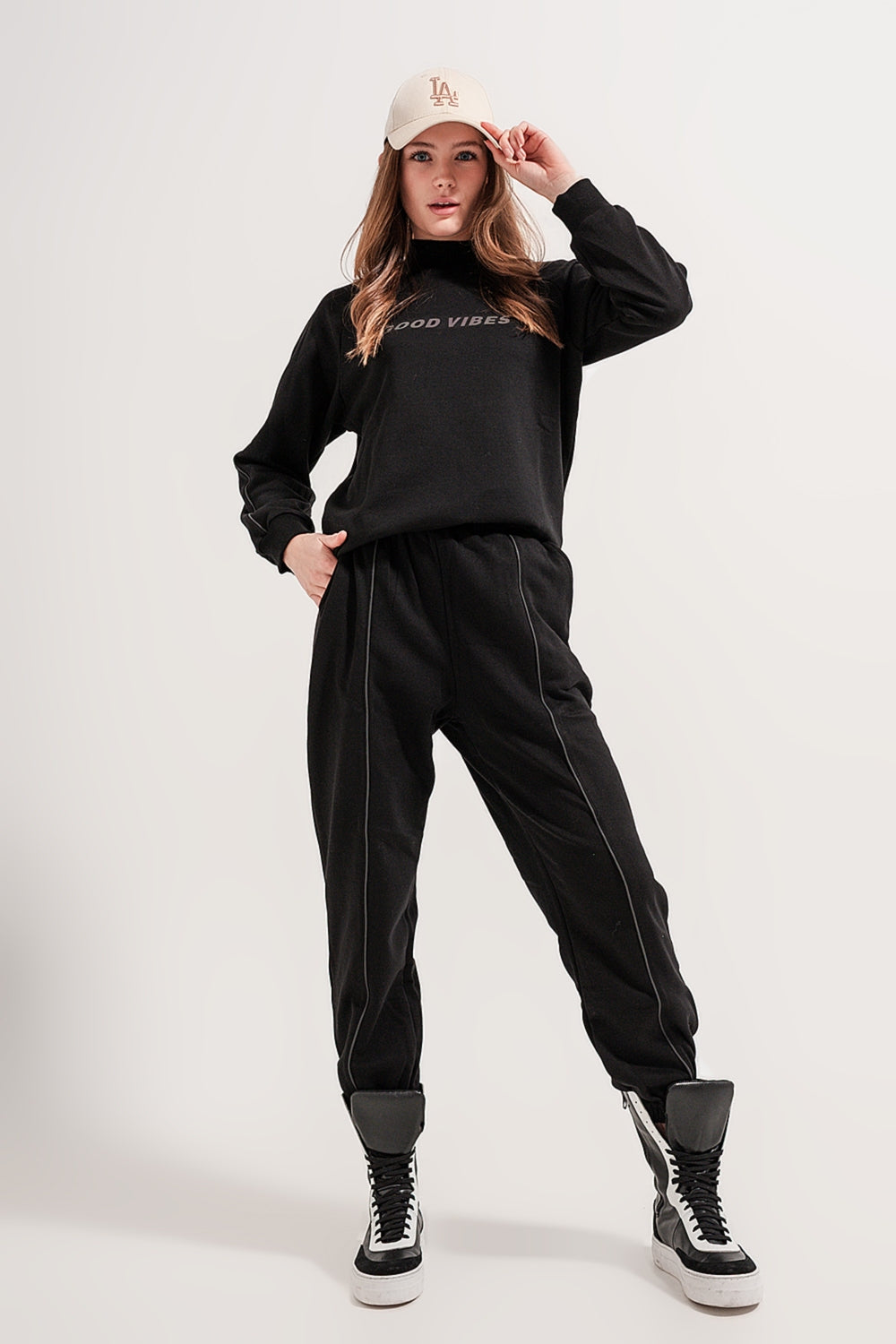 Joggers with Drawstring Waist and Front Seam in Black