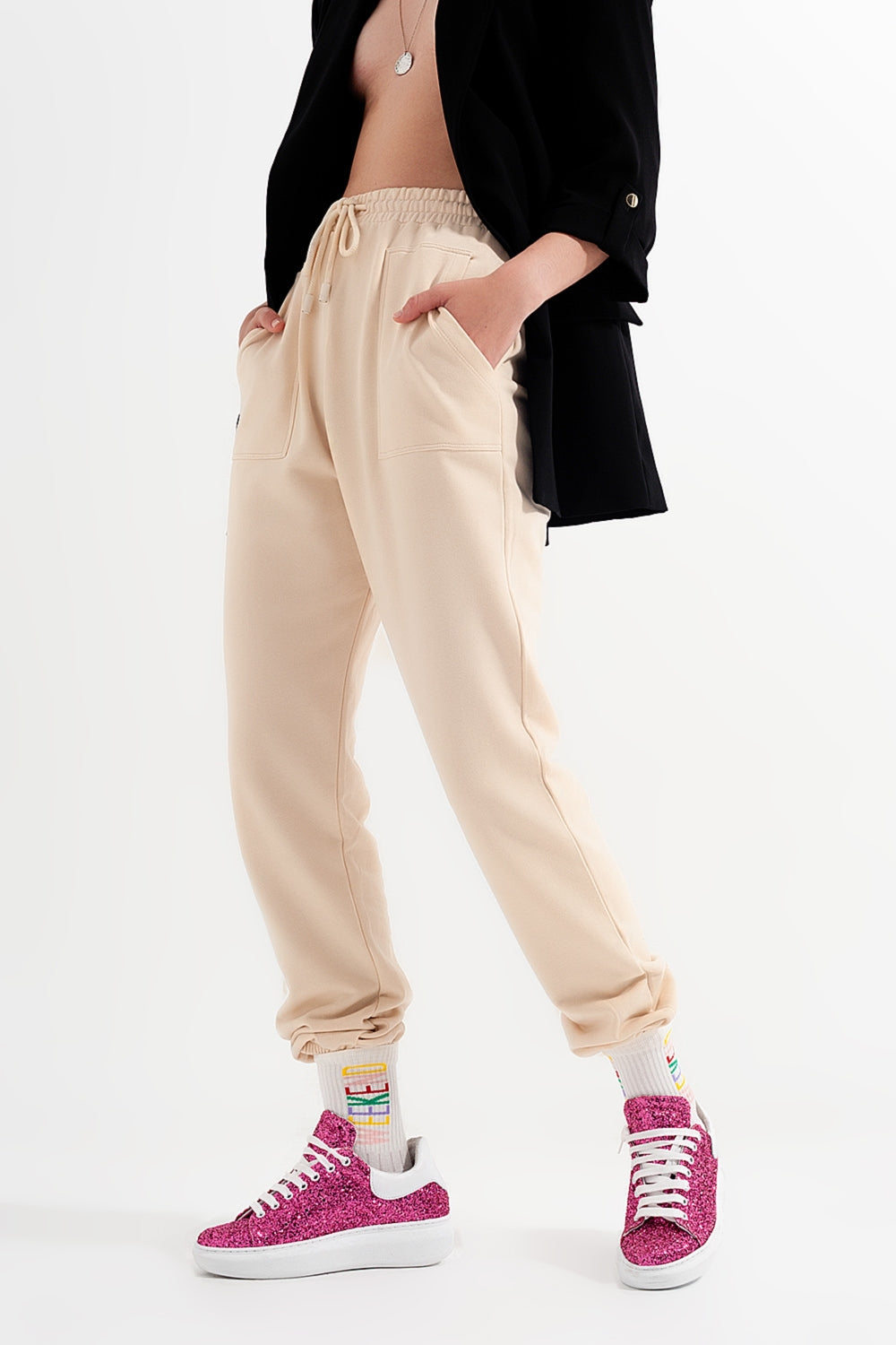 Joggers with Elastic Waist Band in Beige