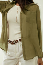 Kahki Chiffon Shirt with Long Sleeves and One Chest Pocket