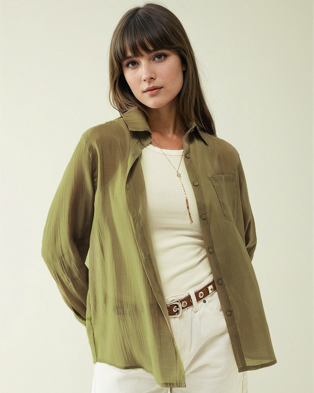 Kahki Chiffon Shirt with Long Sleeves and One Chest Pocket