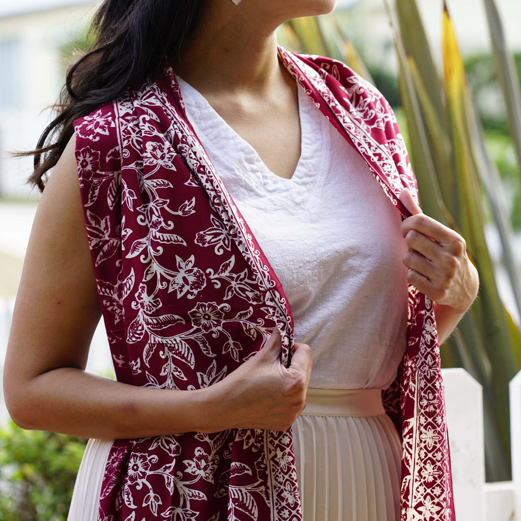 Handmade Batik Scarf | Cotton | Red White Cherish & Burgundy