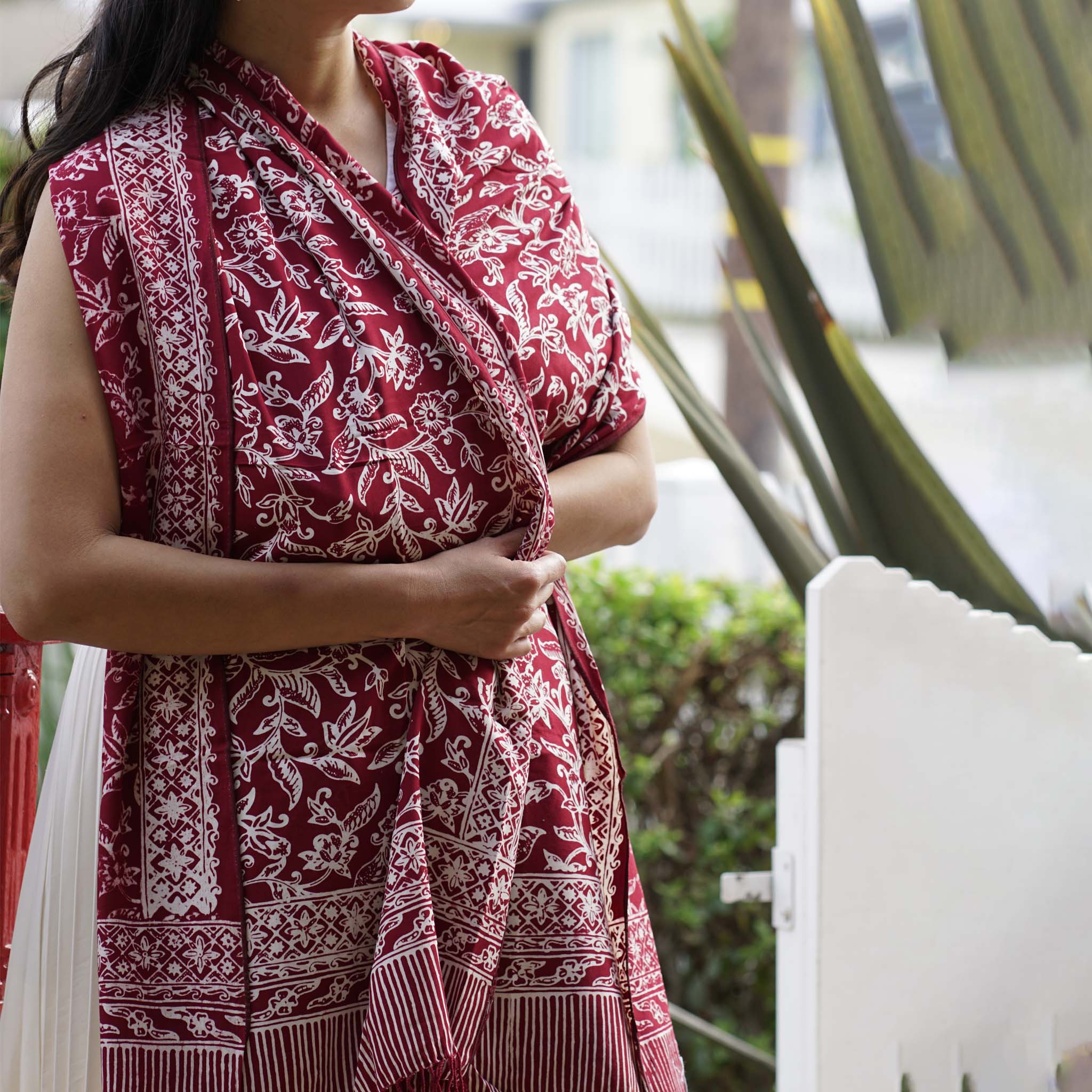 Handmade Batik Scarf | Cotton | Red White Cherish & Burgundy