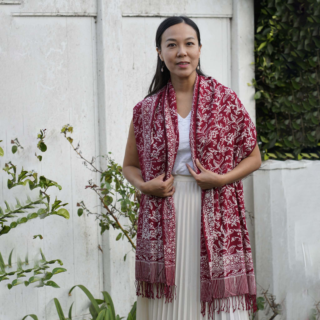 Handmade Batik Scarf | Cotton | Red White Cherish & Burgundy