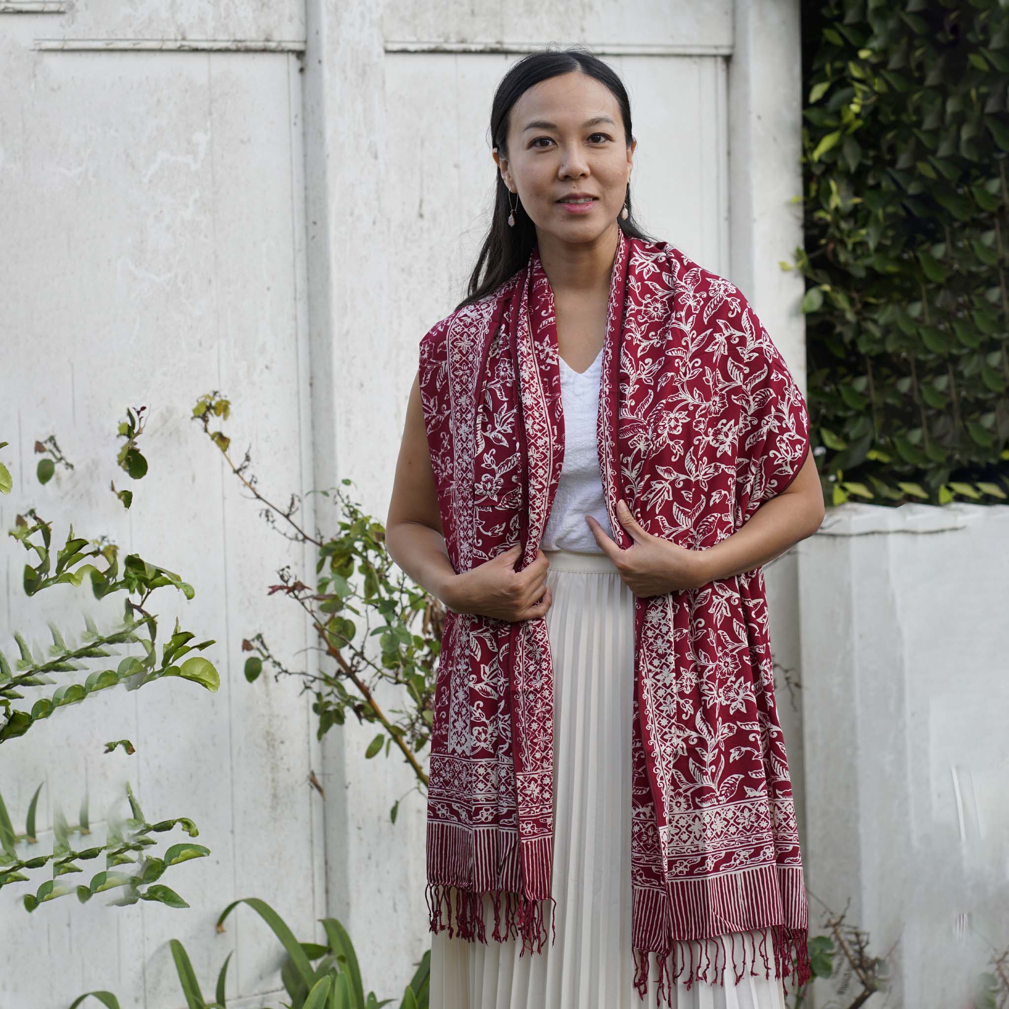 Handmade Batik Scarf | Cotton | Red White Cherish & Burgundy