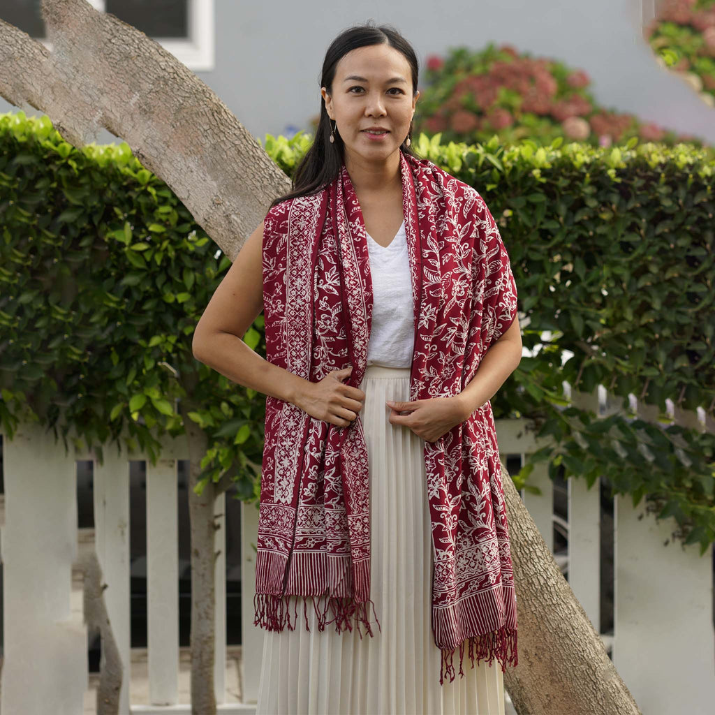 Handmade Batik Scarf | Cotton | Red White Cherish & Burgundy