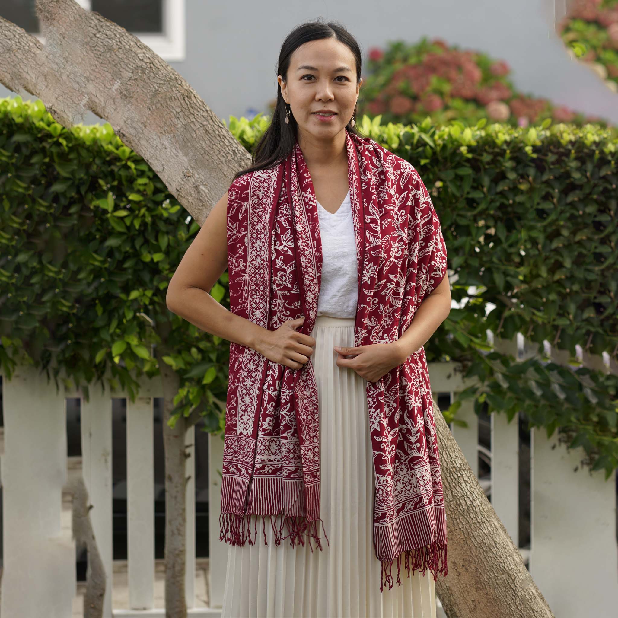 Handmade Batik Scarf | Cotton | Red White Cherish & Burgundy