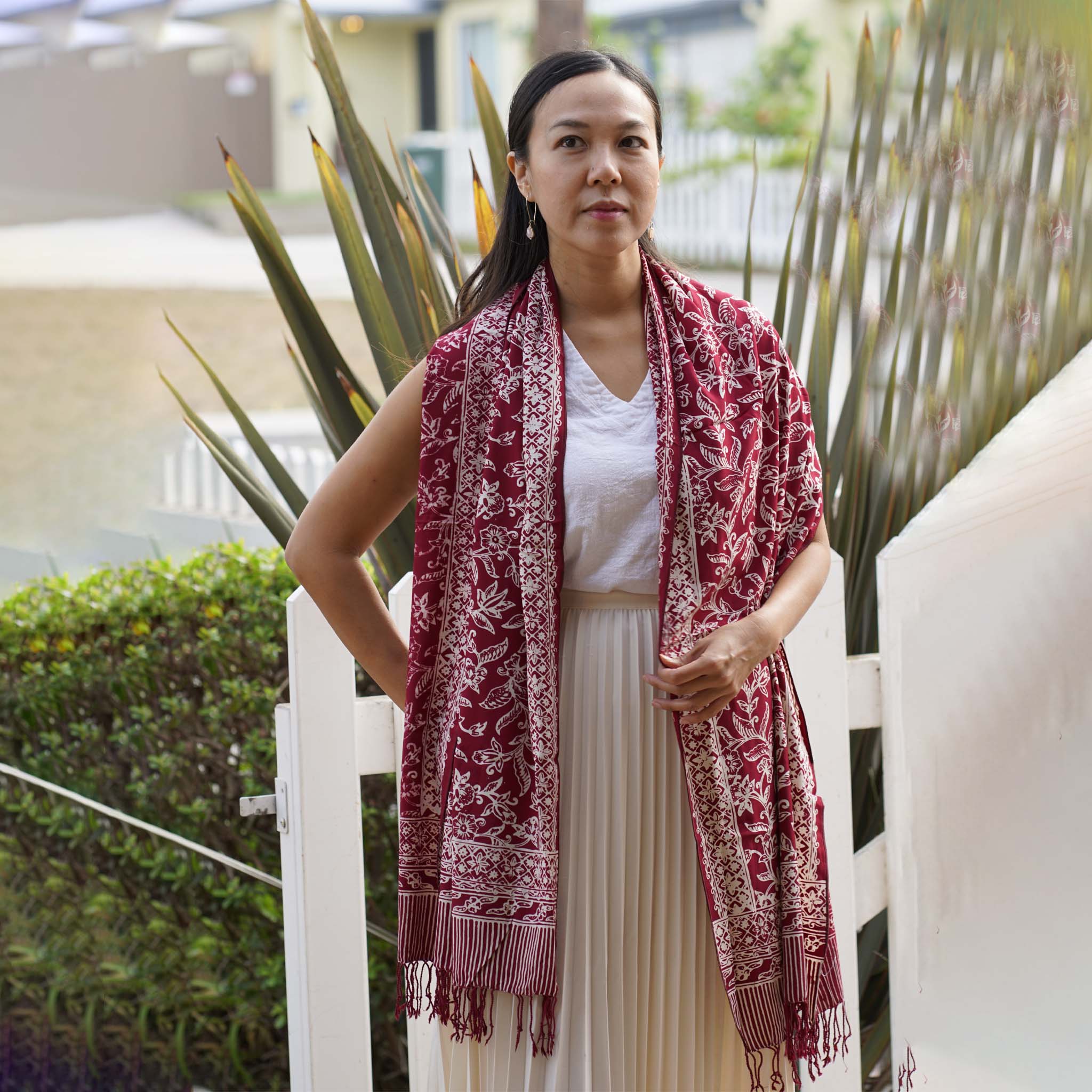 Handmade Batik Scarf | Cotton | Red White Cherish & Burgundy