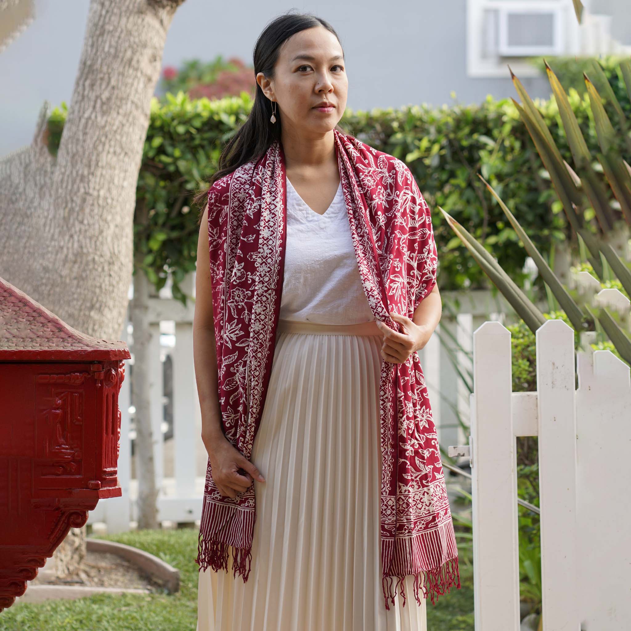 Handmade Batik Scarf | Cotton | Red White Cherish & Burgundy