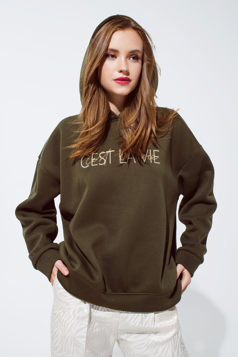 Khaki Color Hoodie With Embroidered Cest La Vie Text