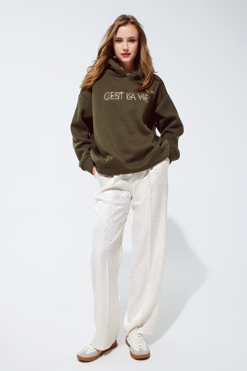Khaki Color Hoodie With Embroidered Cest La Vie Text