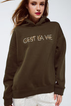 Khaki Color Hoodie With Embroidered Cest La Vie Text