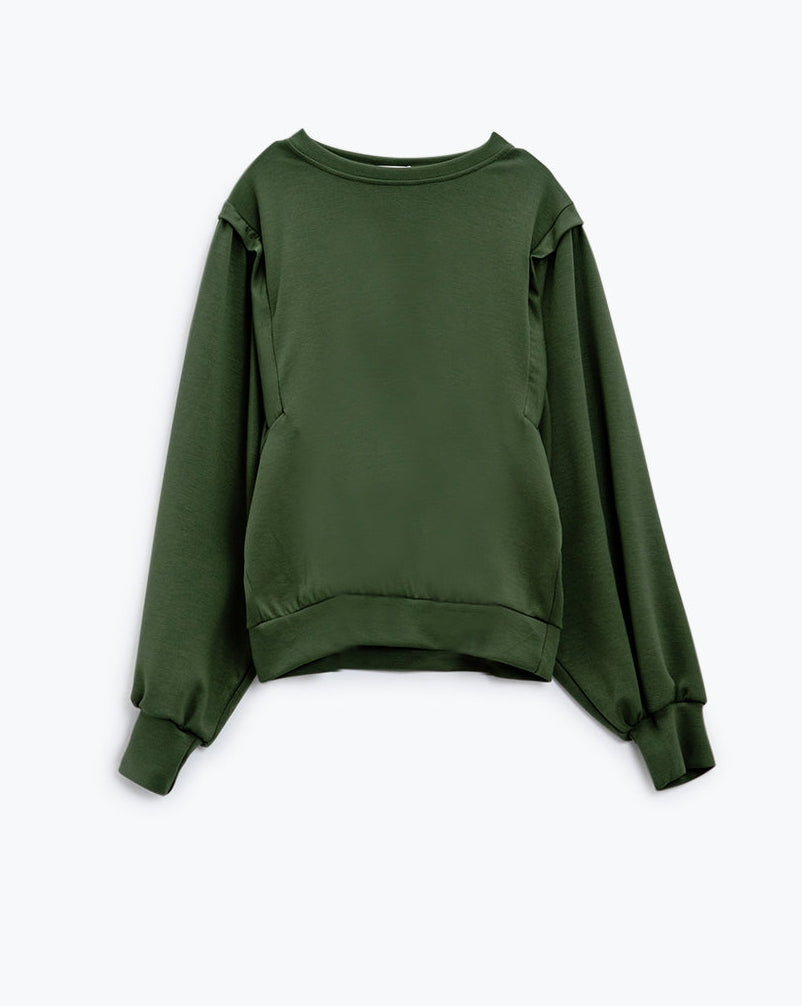 Khaki Long-Sleeved Sweatshirts with Frontal Sewn Details on the Sides