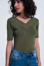 Khaki Sweater with V-Neck and Short Sleeves