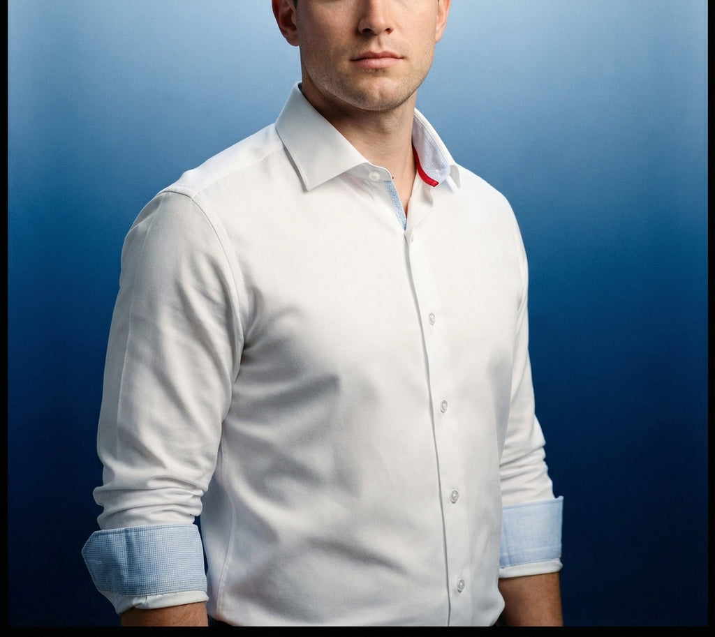 Kenneth Cotton Knit-Stretch Button-Up Shirt with Contrast Details in White | Tailored Fit (Fitted)