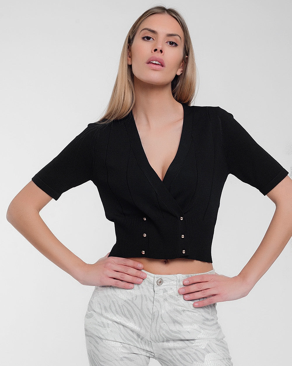 Knit Button Through Cardi Top in Black
