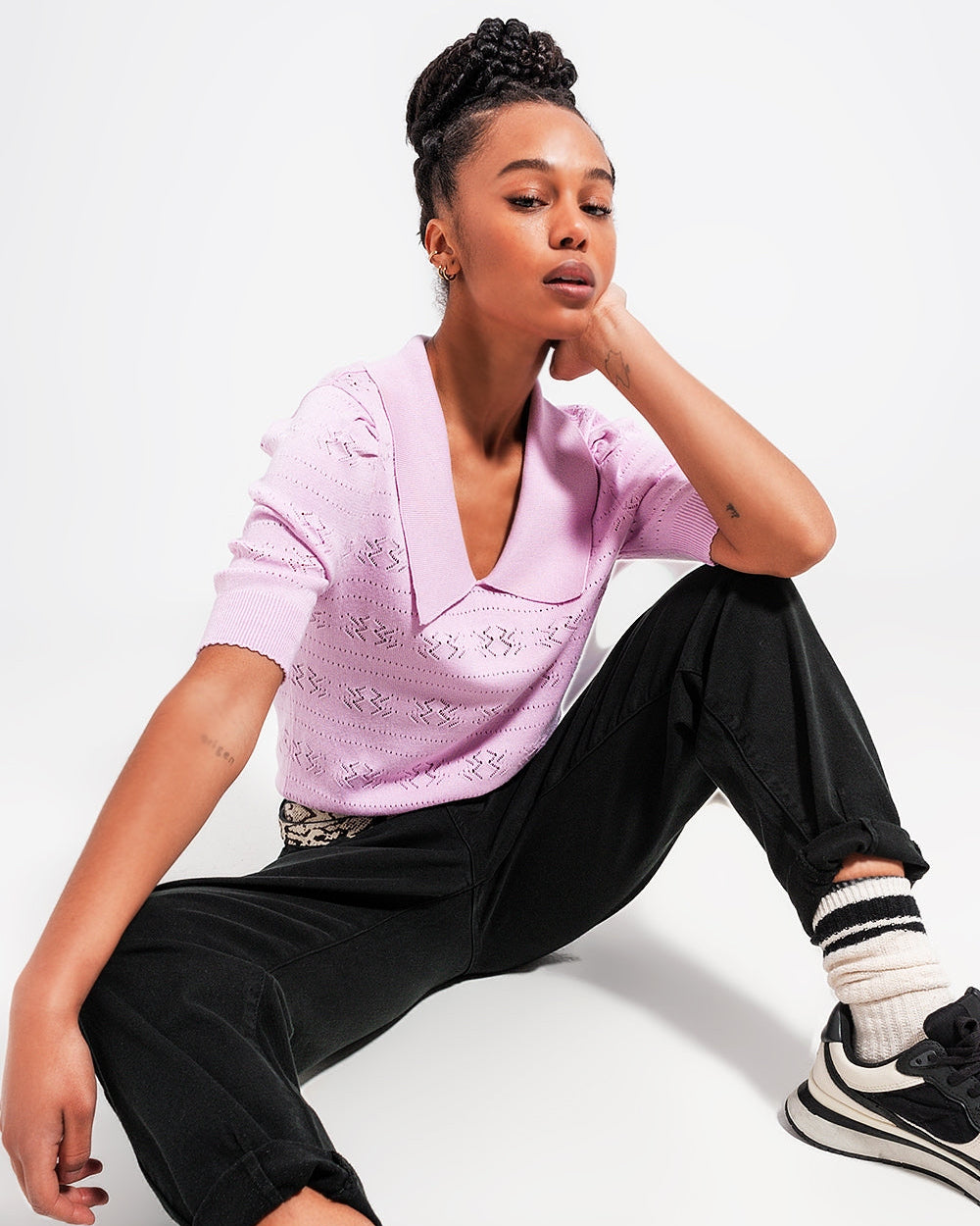 Knitted Pointelle Polo Neck Jumper in Pink