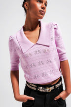 Knitted Pointelle Polo Neck Jumper in Pink