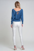 Knitted Sweater with Wrapped V-Neck in Blue