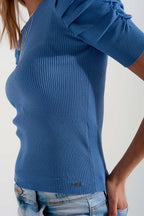 Knitted Top with Balloon Sleeves in Blue
