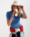 Knitted Top with Balloon Sleeves in Blue