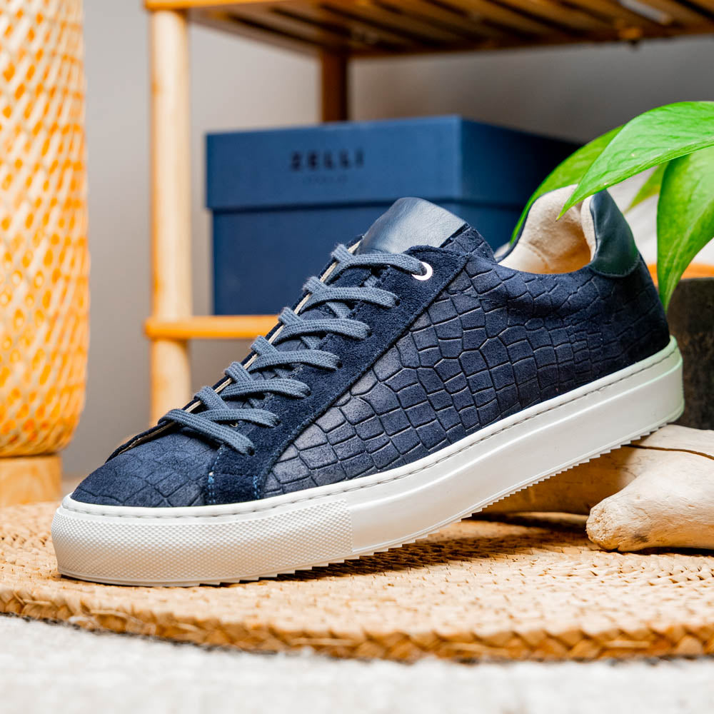 Kobe Crocodile Embossed Italian Sueded Goatskin Sneakers Navy