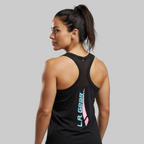 LA Gear Women’s Racerback Tank | Black with Aqua x Pink Logo