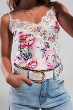 Lace Trim Satin Cami in Pink Roses Print