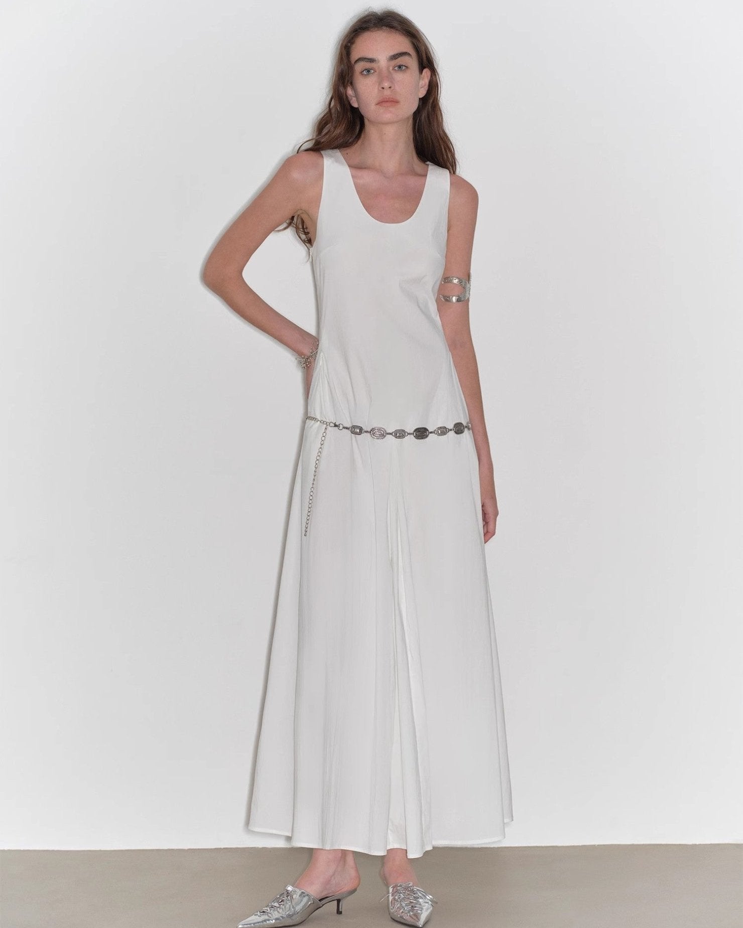 "Lake Bled" Simple and Slim Texture U-Neck A-Line Slim Fit Vest Dress