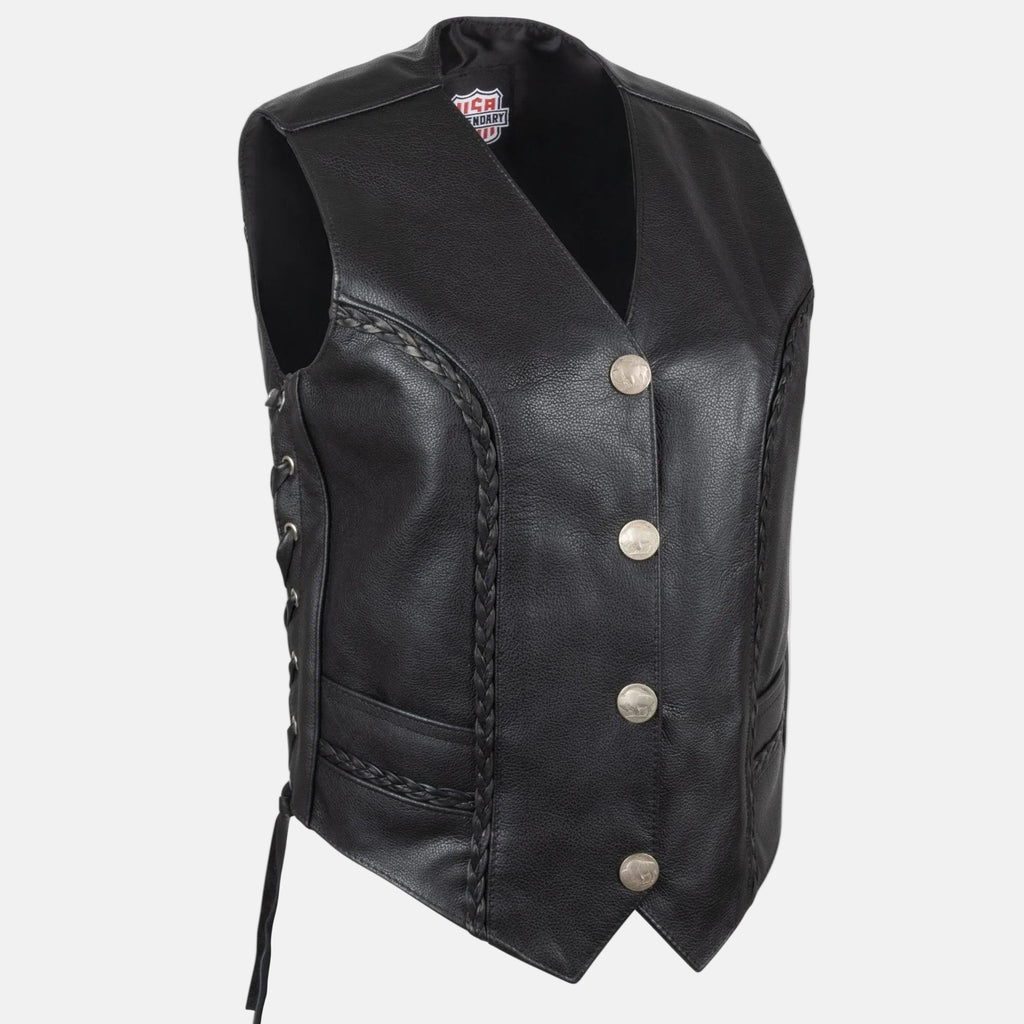 Legendary 'Vikla Chikla' Women’s Leather Braided Motorcycle Vest with Buffalo Nickel Snaps