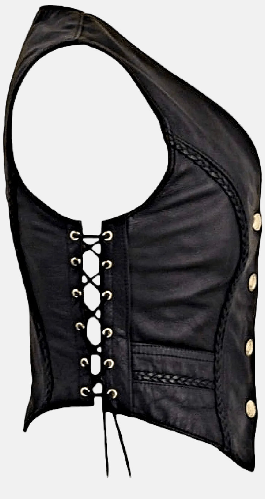 Legendary 'Vikla Chikla' Women’s Leather Braided Motorcycle Vest with Buffalo Nickel Snaps