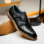 LEGERRA Hand Burnished Crocodile Print Monkstrap | Black