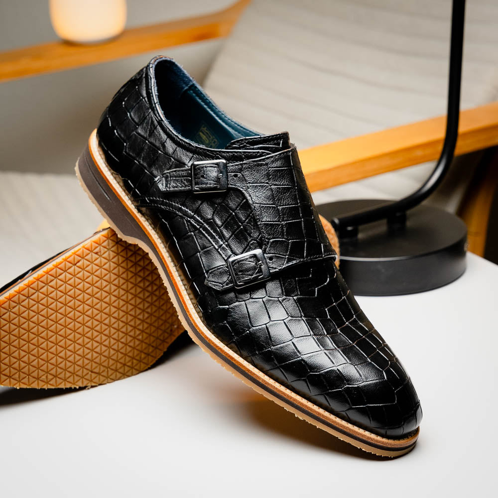 LEGERRA Hand Burnished Crocodile Print Monkstrap | Black