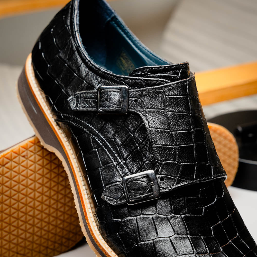 LEGERRA Hand Burnished Crocodile Print Monkstrap | Black
