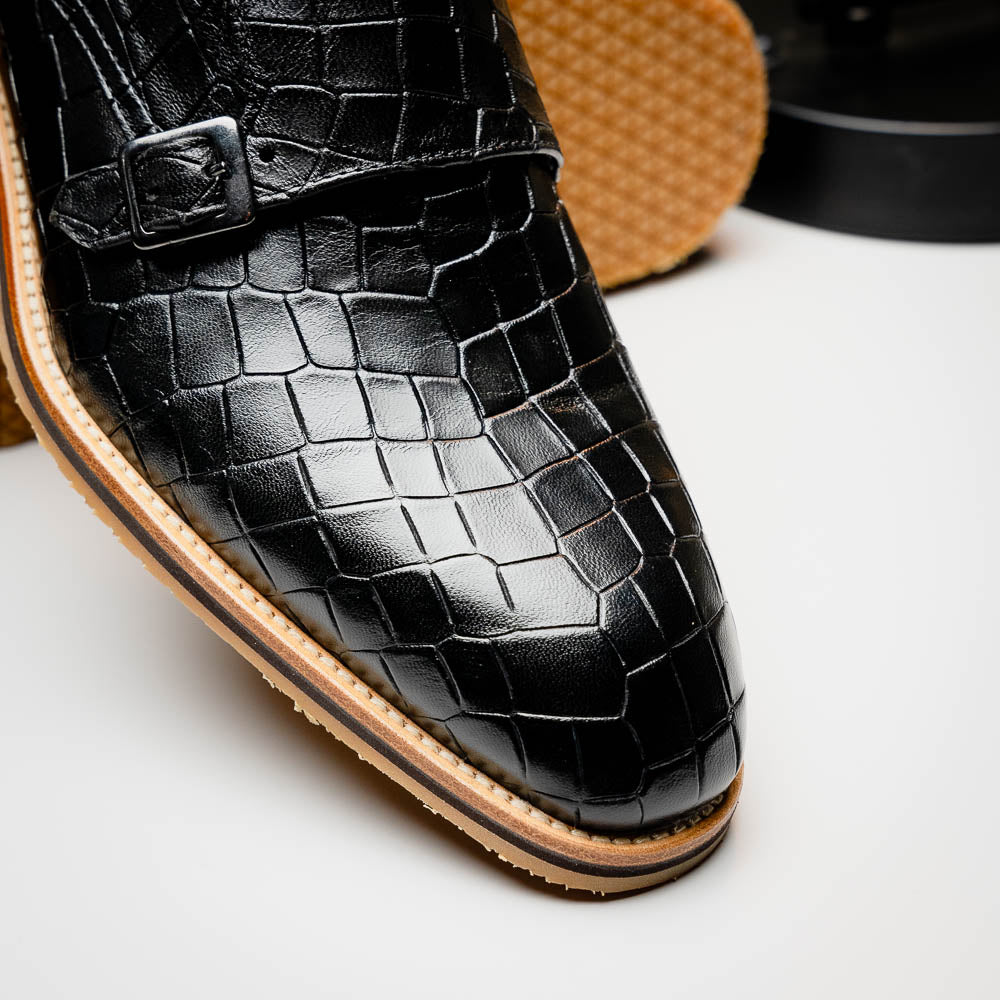 LEGERRA Hand Burnished Crocodile Print Monkstrap | Black