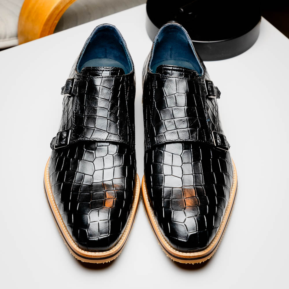 LEGERRA Hand Burnished Crocodile Print Monkstrap | Black