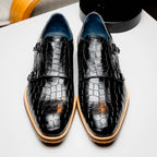 LEGERRA Hand Burnished Crocodile Print Monkstrap | Black