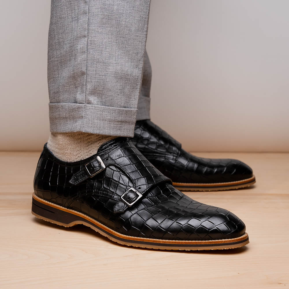 LEGERRA Hand Burnished Crocodile Print Monkstrap | Black