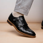 LEGERRA Hand Burnished Crocodile Print Monkstrap | Black