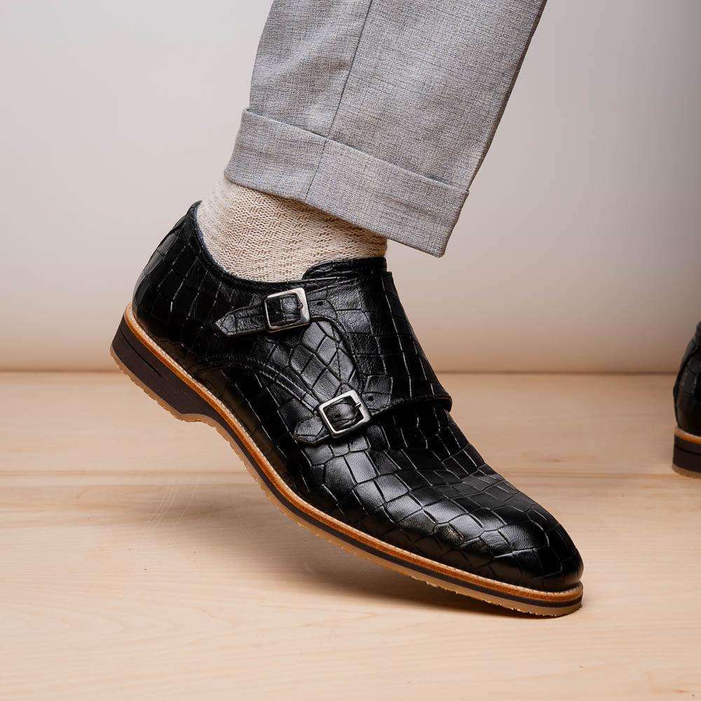 LEGERRA Hand Burnished Crocodile Print Monkstrap | Black
