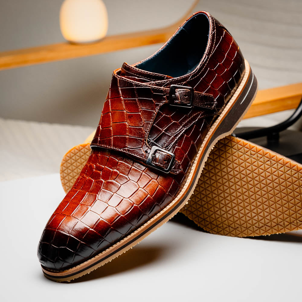 Legerra Hand Burnished Crocodile Print Monkstrap | Cognac