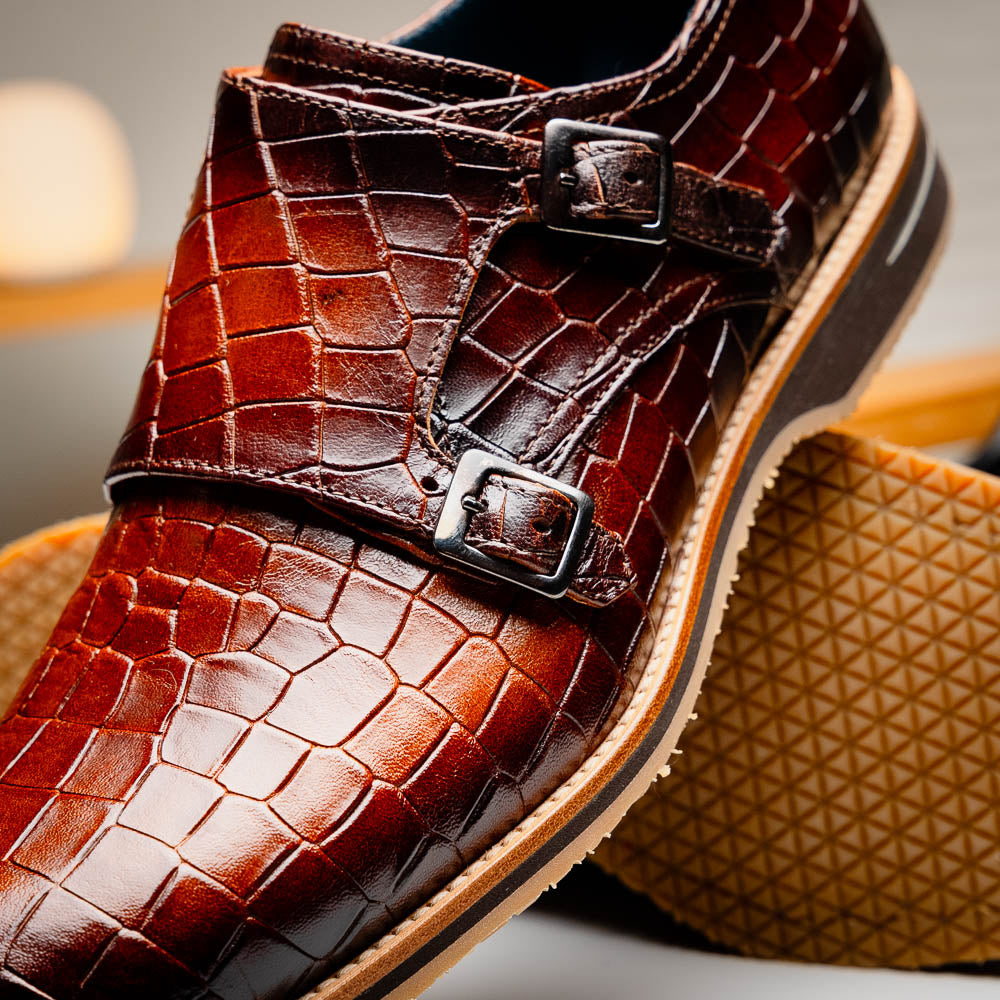 Legerra Hand Burnished Crocodile Print Monkstrap | Cognac