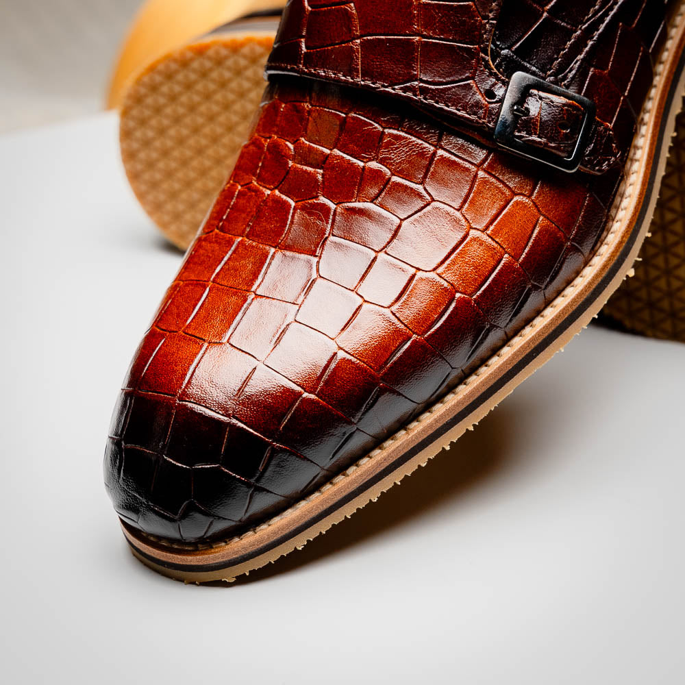 Legerra Hand Burnished Crocodile Print Monkstrap | Cognac