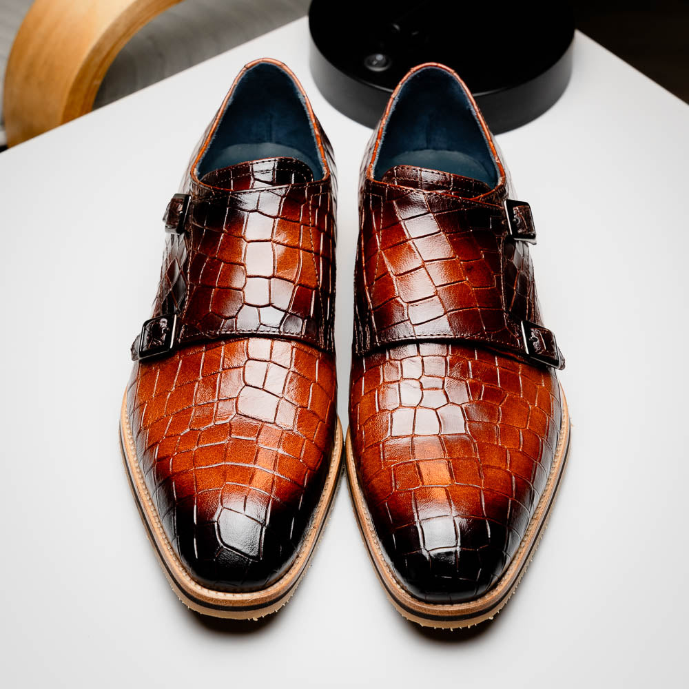 Legerra Hand Burnished Crocodile Print Monkstrap | Cognac