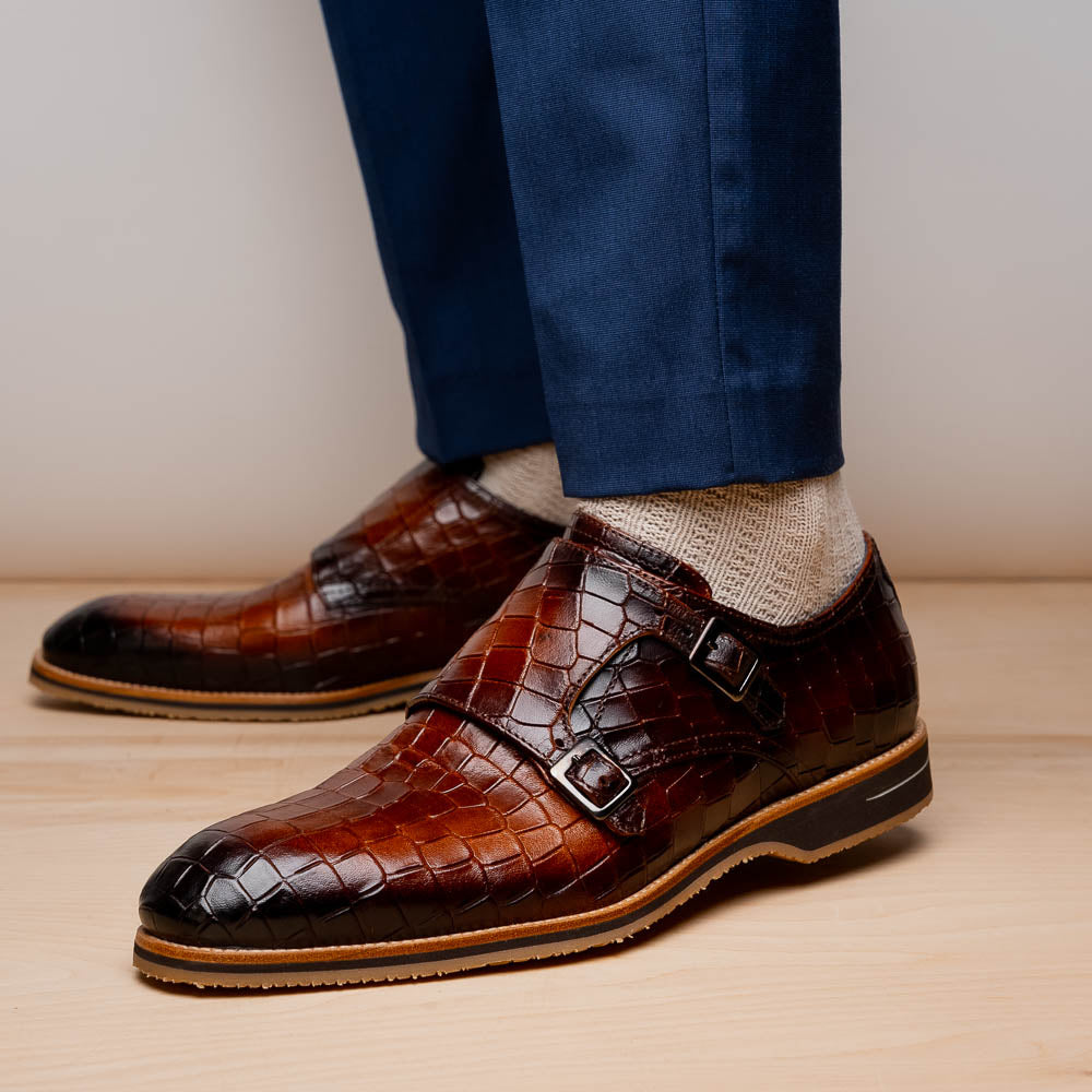 Legerra Hand Burnished Crocodile Print Monkstrap | Cognac