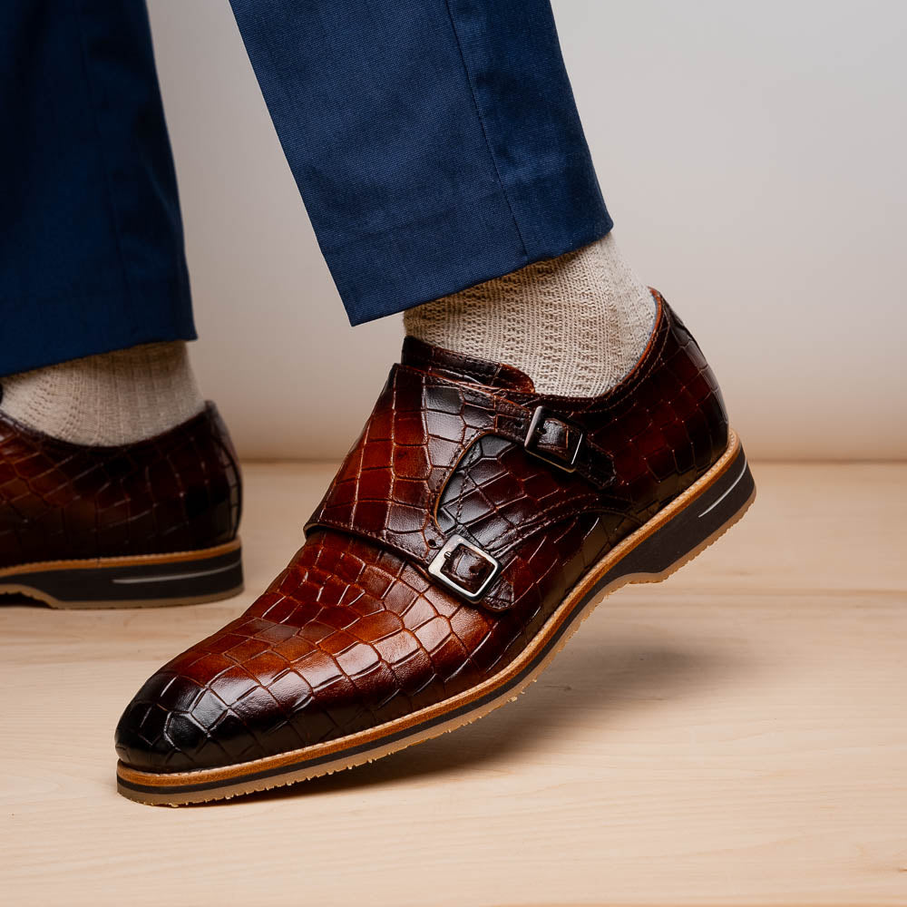 Legerra Hand Burnished Crocodile Print Monkstrap | Cognac