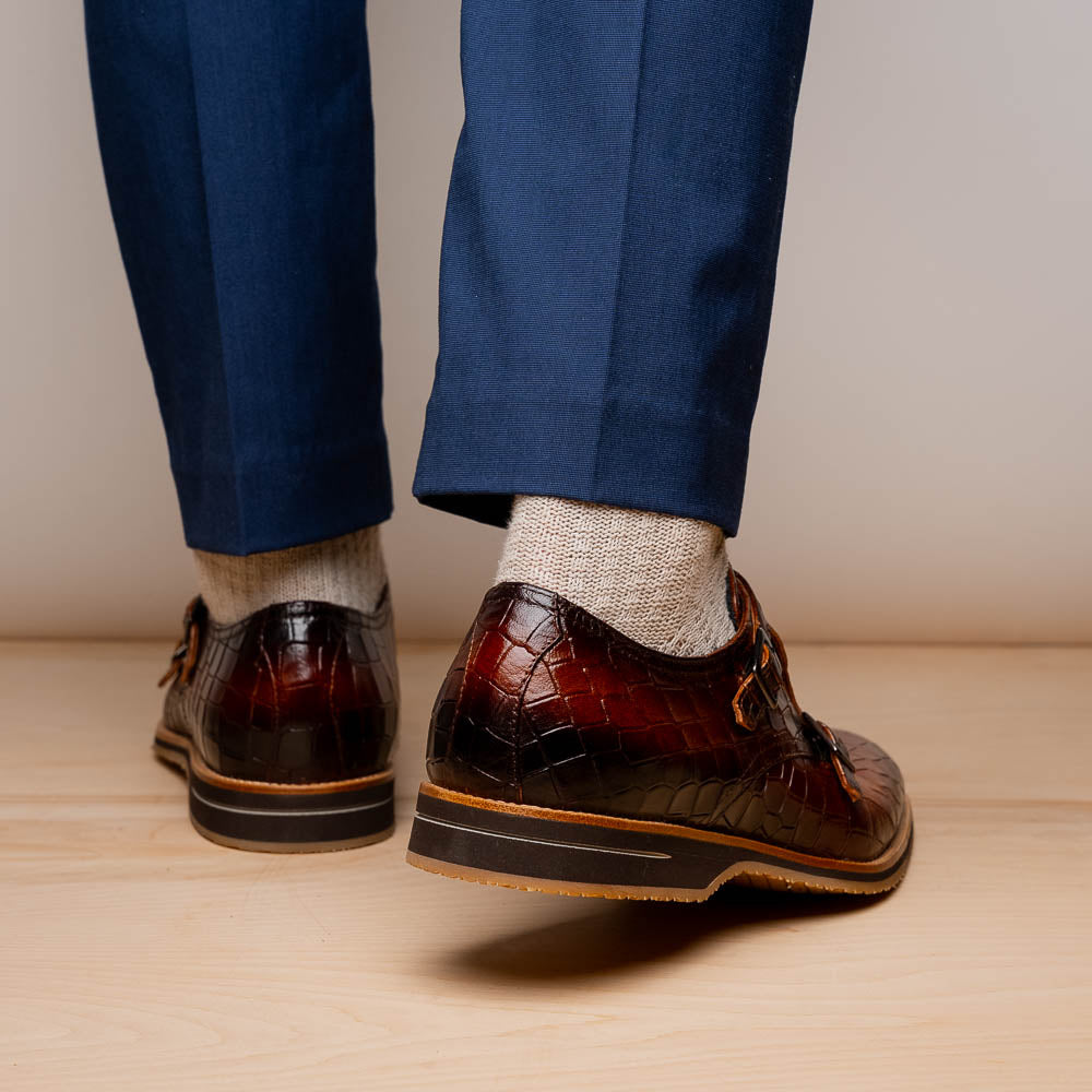 Legerra Hand Burnished Crocodile Print Monkstrap | Cognac