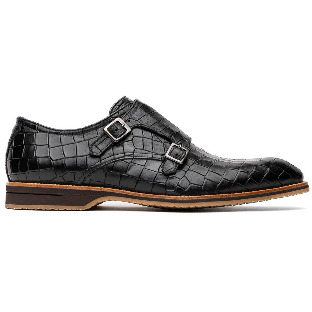 LEGERRA Hand Burnished Crocodile Print Monkstrap | Black