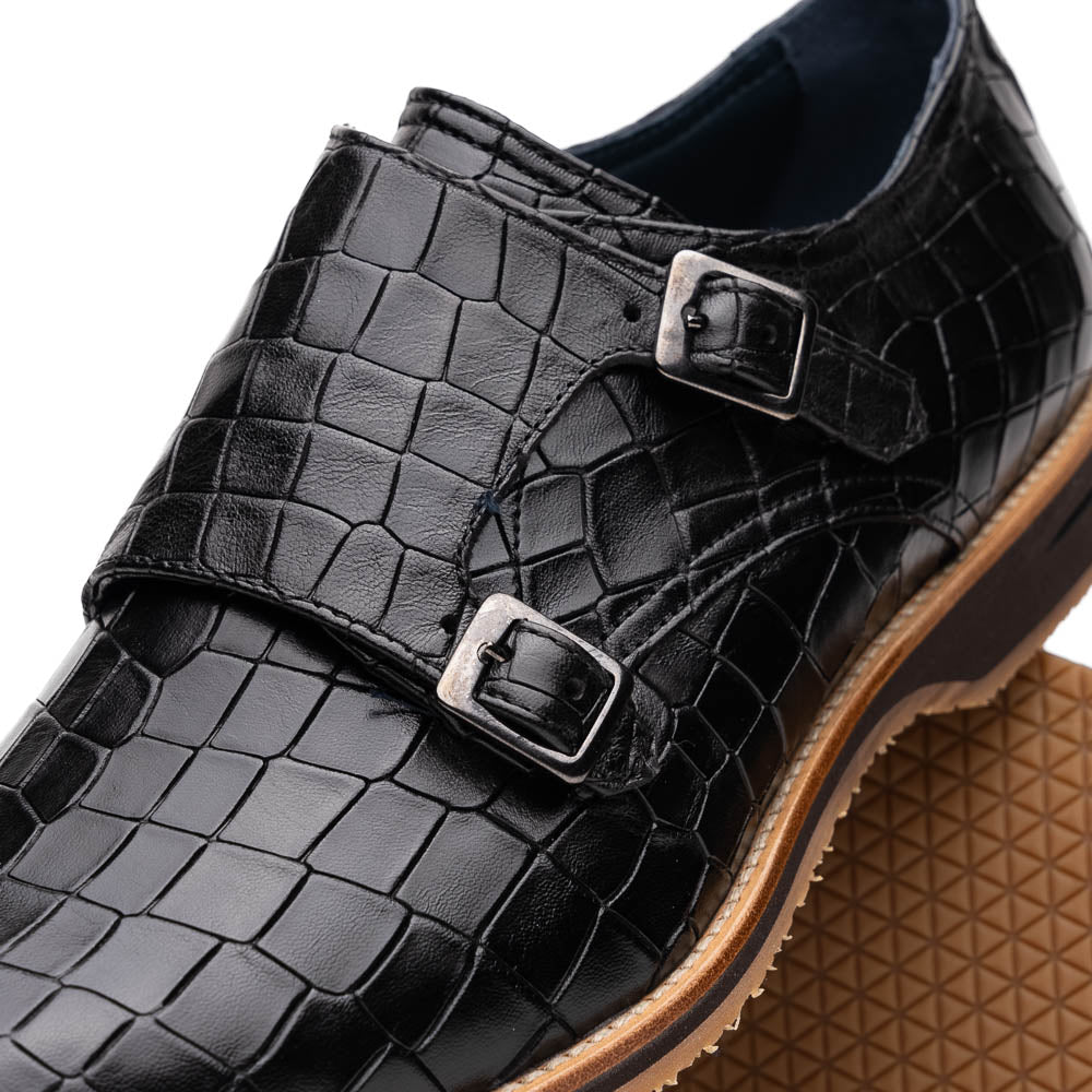 LEGERRA Hand Burnished Crocodile Print Monkstrap | Black